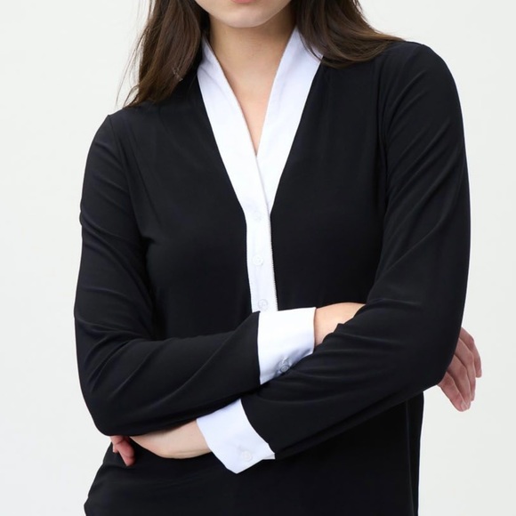 Joseph Ribkoff Long Sleeve Black Top with White Contrast Trim- Size 8 NWT - Picture 2 of 11